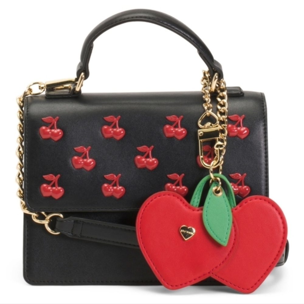 Black Leather Top-Handle Bag with Red Cherry Accents